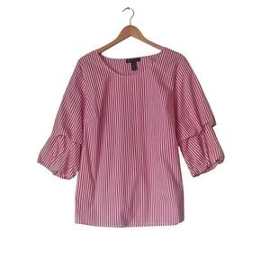 I.N.C. International Concept Tie Waist Puff Sleeve Blouse 0X Red White Pinstripe